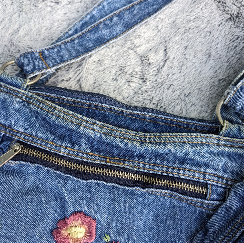 Vintage Floral Embroidered Denim Shoulder Bag with Coin Purse - Picture 3 of 14